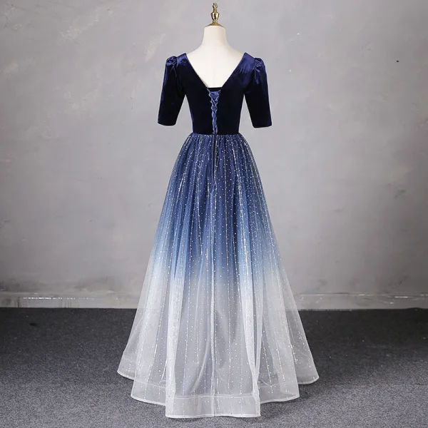 Vintage / Retro Navy Blue Beading Sequins Prom Dresses 2024 A-Line / Princess Square Neckline Short Sleeve Backless Floor-Length / Long Prom Formal Dresses