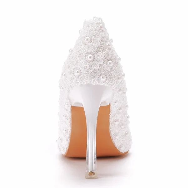 Elegant White Pearl Lace Flower Wedding Shoes 2022 9 cm Stiletto Heels Pointed Toe Wedding Pumps High Heels