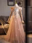 Chic / Beautiful Champagne Appliques Sequins Prom Dresses 2026 A-Line / Princess Off-The-Shoulder Short Sleeve Backless Floor-Length / Long Prom Formal Dresses