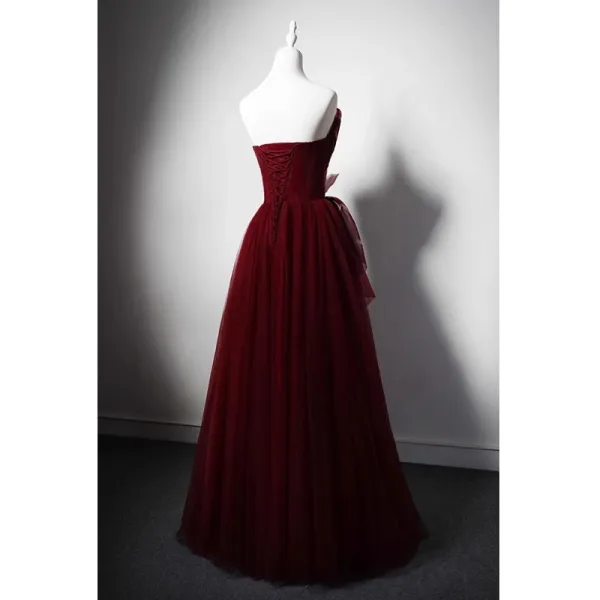 Charming Burgundy Bow Evening Dresses 2023 A-Line / Princess Strapless Sleeveless Backless Floor-Length / Long Evening Party Formal Dresses