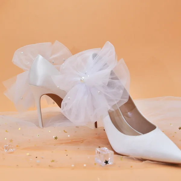 Chic / Beautiful White Pearl Appliques Wedding Shoes 2022 Leather 10 cm Stiletto Heels Pointed Toe Wedding Pumps High Heels