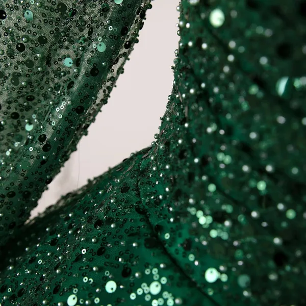 Vintage / Retro Dark Green Beading Pearl Sequins Prom Dresses 2025 Ball Gown Square Neckline Long Sleeve Backless Floor-Length / Long Formal Dresses