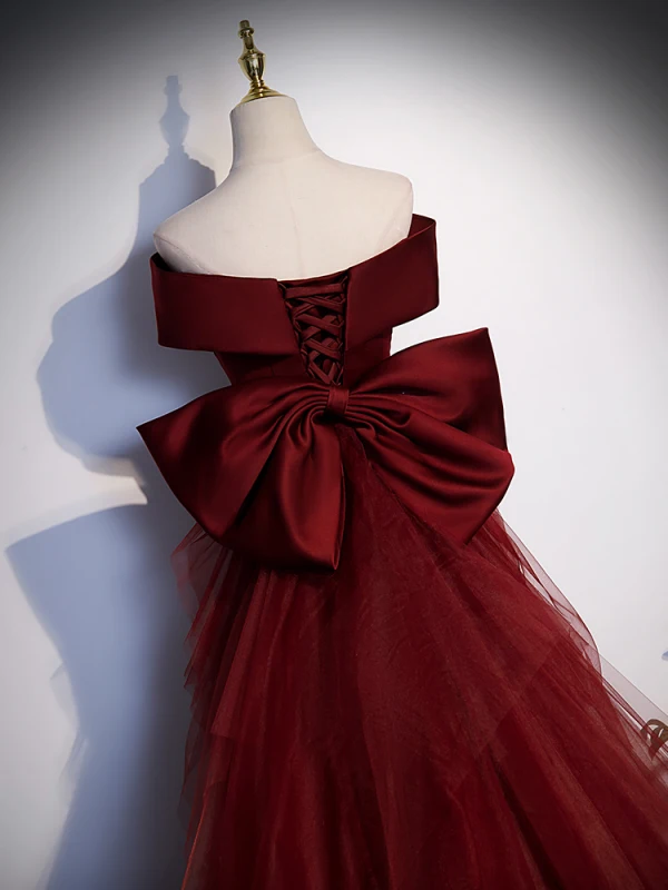 Sexy Burgundy Evening Dresses 2023 Trumpet / Mermaid Off-The-Shoulder Sleeveless Backless Bow Sweep Train Evening Party Formal Dresses
