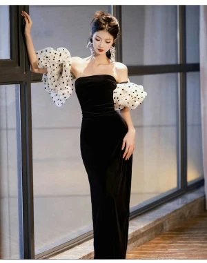 Sexy Noire Velours Tachetée Robe De Soirée 2024 Trompette Sirène De L Épaule Manches Courtes Dos Nu Longue Robe De Ceremonie