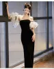 Sexy Black Velvet Spotted Evening Dresses 2024 Trumpet / Mermaid Off-The-Shoulder Short Sleeve Backless Floor-Length / Long Formal Dresses