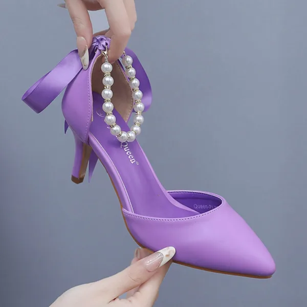 Sexy Black Pearl Ankle Strap Evening Party Womens Shoes 2024 7 cm Stiletto Heels Pointed Toe High Heels