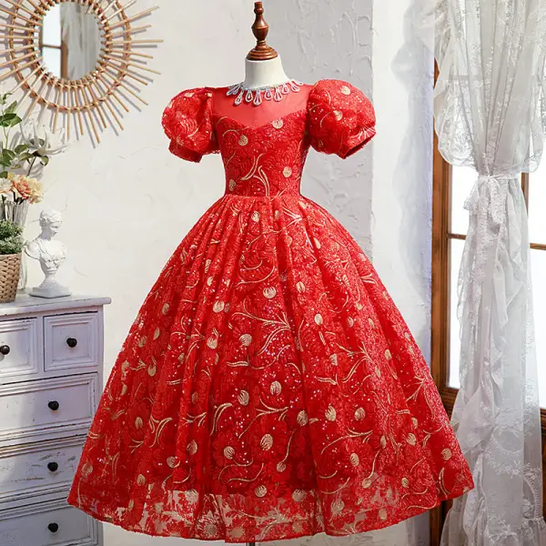 Modern / Fashion Red Birthday Glitter Sequins Rhinestone Flower Girl Dresses 2022 Ball Gown Scoop Neck Puffy Short Sleeve Backless Floor-Length / Long Flower Girl Dresses