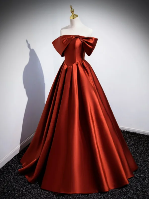Chic / Beautiful Red Satin Prom Dresses 2023 Ball Gown Off-The-Shoulder Short Sleeve Backless Floor-Length / Long Prom Formal Dresses
