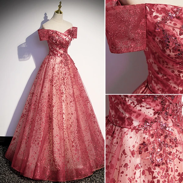 Elegant Red Glitter Sequins Prom Dresses 2022 A-Line / Princess Off-The-Shoulder Short Sleeve Backless Floor-Length / Long Formal Dresses