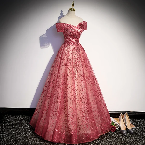 Elegant Red Glitter Sequins Prom Dresses 2022 A-Line / Princess Off-The-Shoulder Short Sleeve Backless Floor-Length / Long Formal Dresses