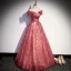 Elegant Red Glitter Sequins Prom Dresses 2022 A-Line / Princess Off-The-Shoulder Short Sleeve Backless Floor-Length / Long Formal Dresses