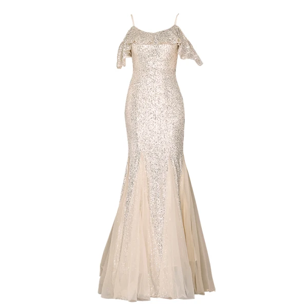 Scintillantes Sexy Champagne Paillettes Robe De Soirée 2022 Trompette / Sirène Bretelles Spaghetti Manches Courtes Dos Nu Longue Soirée Robe De Ceremonie