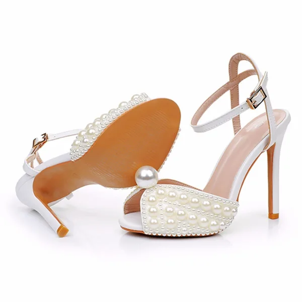 Elegant White Pearl Wedding Shoes 2024 Ankle Strap 11 cm Stiletto Heels Open / Peep Toe Wedding Sandals High Heels