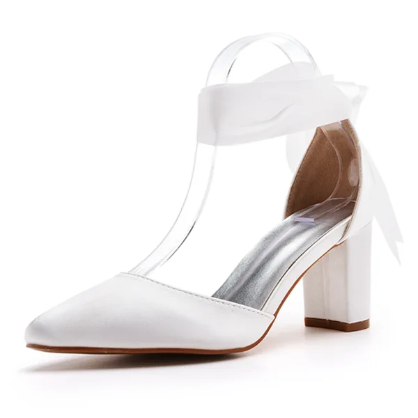 Fashion Ivory 7 cm Thick Heels Pointed Toe Wedding Shoes 2024 Ankle Strap Wedding Sandals High Heels