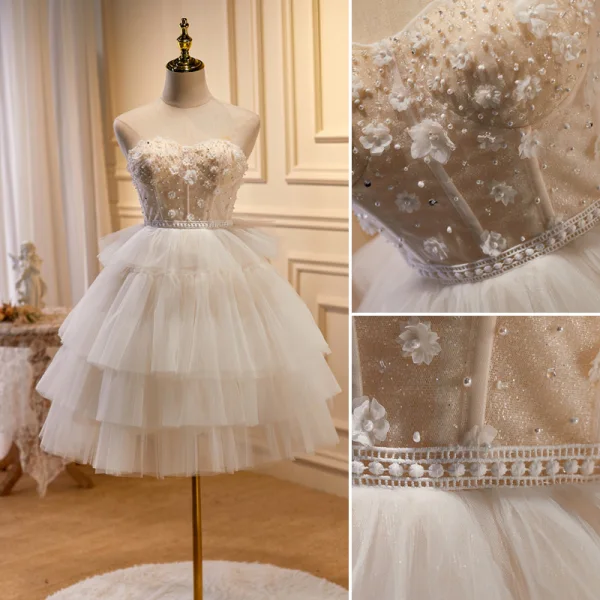 Sexy Ivoire Perlage Perle Paillettes Appliques Robe De Fête 2023 Princesse Bustier Sans Manches Dos Nu Soirée Courte Robe De Fete
