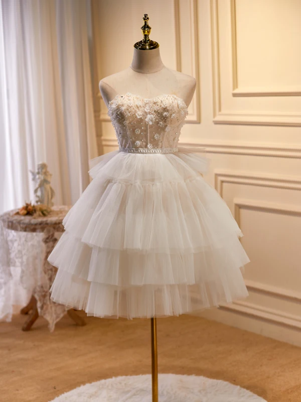 Sexy Ivoire Perlage Perle Paillettes Appliques Robe De Fête 2023 Princesse Bustier Sans Manches Dos Nu Soirée Courte Robe De Fete