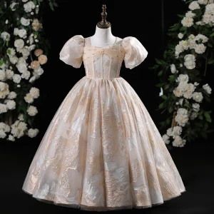 Chic Belle Kaki Glitter Impression Perle Faux Diamant Anniversaire Robe Ceremonie Fille 2024 Robe Boule Encolure Dégagée Gonflée Manches Courtes Longue