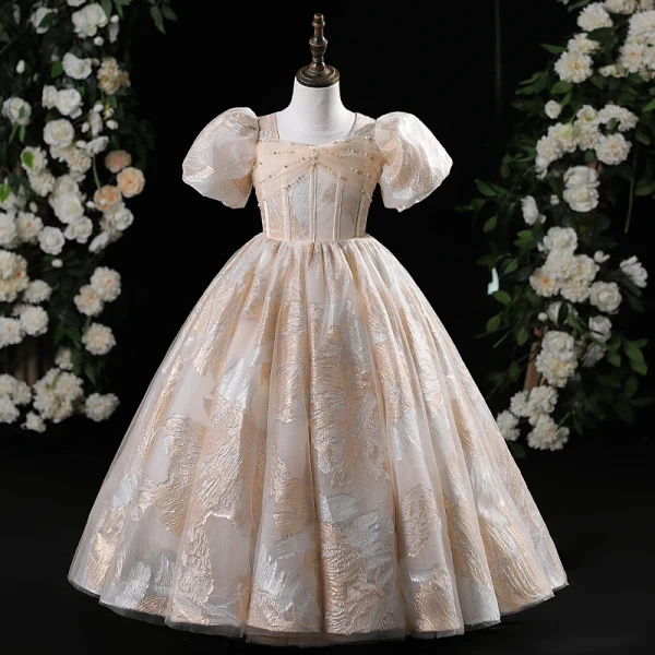 Chic / Beautiful Khaki Glitter Printing Pearl Rhinestone Birthday Flower Girl Dresses 2024 Ball Gown Scoop Neck Puffy Short Sleeve Floor-Length / Long