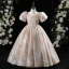 Chic / Beautiful Khaki Glitter Printing Pearl Rhinestone Birthday Flower Girl Dresses 2024 Ball Gown Scoop Neck Puffy Short Sleeve Floor-Length / Long