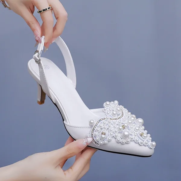 Elegant White Rhinestone Pearl Wedding Shoes Satin Wedding 2026 6 cm Stiletto Heels Pointed Toe High Heels