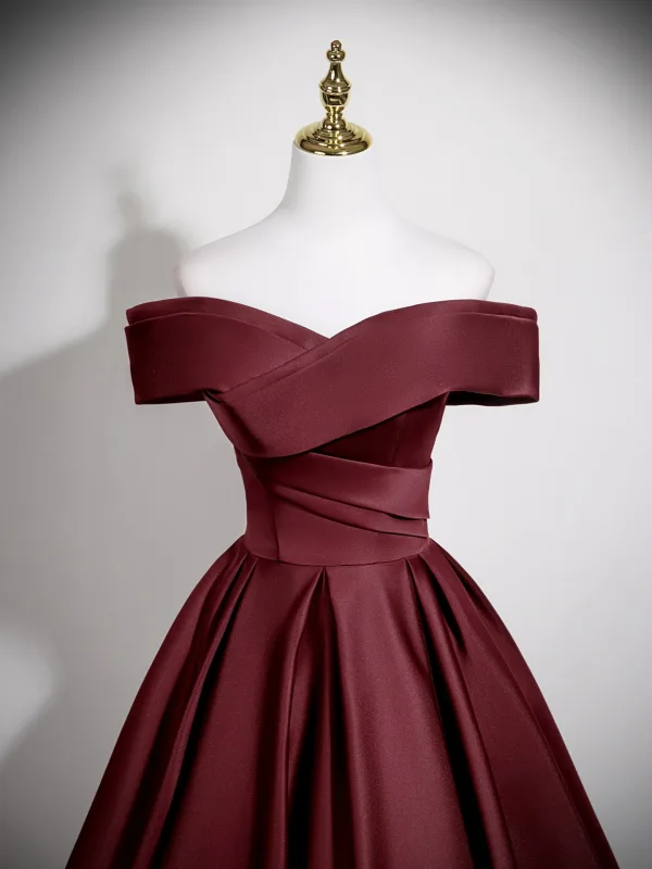 Party Elegant Cocktail Dresses Modest Simple Vintage Retro Burgundy Satin  Prom Dresses 2025 Ball Gown Off-