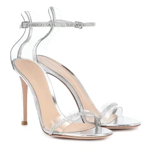 Sexy Argenté Soirée Sandales Femme 2022 Faux Diamant Bride Cheville 11 Cm Talons Aiguilles Peep Toes Bout Ouvert Sandales Talons Hauts