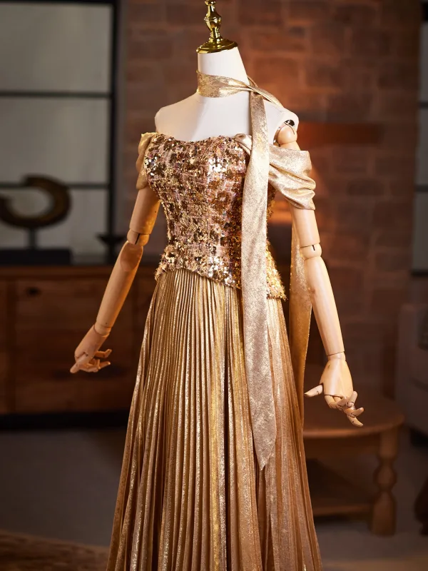 Charming Gold Sequins Prom Dresses 2026 A-Line Princess Off-The-Shoulder Short Sleeve