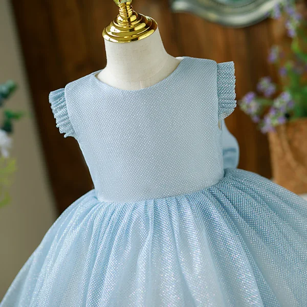 Bling Bling Sky Blue Glitter Birthday Flower Girl Dresses 2022 Ball Gown Scoop Neck Sleeveless Bow Short Flower Girl Dresses