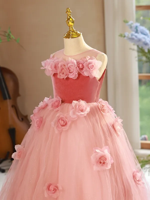 Blumenfee Rosa Applikationen Blumenmädchenkleider 2024 Ballkleid Rundhalsausschnitt Ärmellos Rückenfreies Lange Hochzeit