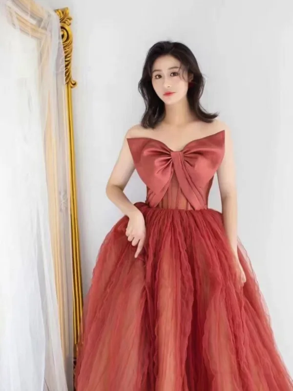 Chic / Beautiful Red Prom Dresses 2024 A-Line / Princess Strapless Bow Sleeveless Backless Floor-Length / Long Prom Formal Dresses