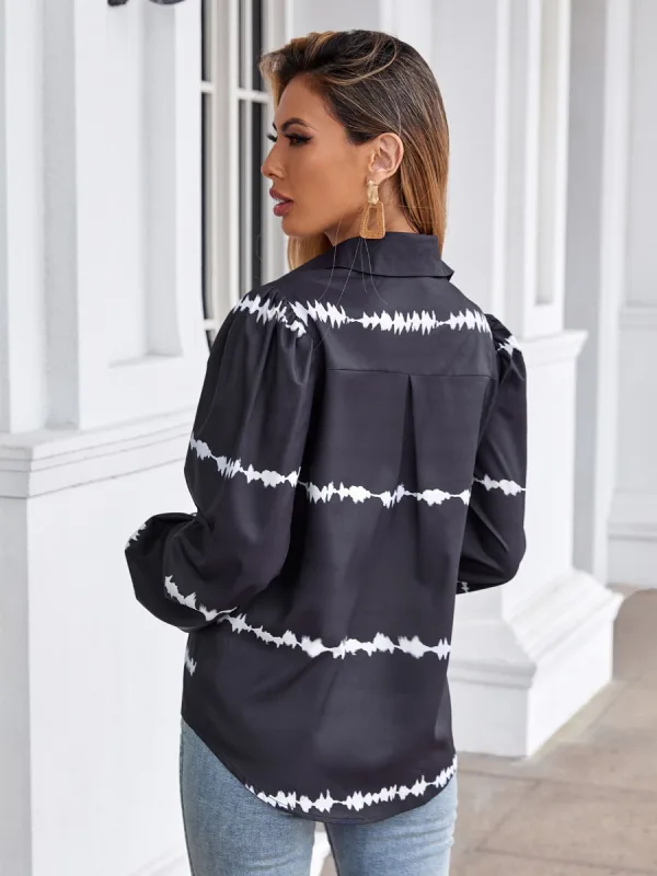 Casual Printing Svart Topper Dame Bluser 2021 Løs Revers Langermede Bluser