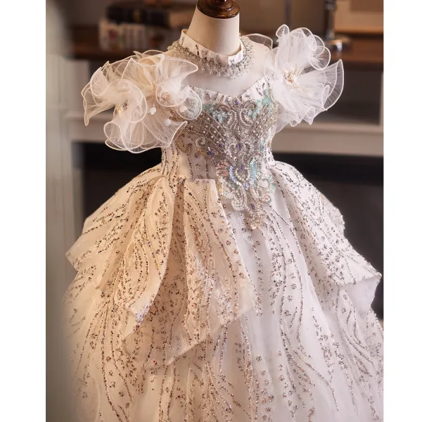 Bling Bling Champagne Beading Pearl Rhinestone Birthday Flower Girl Dresses 2025 Ball Gown Off-The-Shoulder Short Sleeve Backless Floor-Length / Long