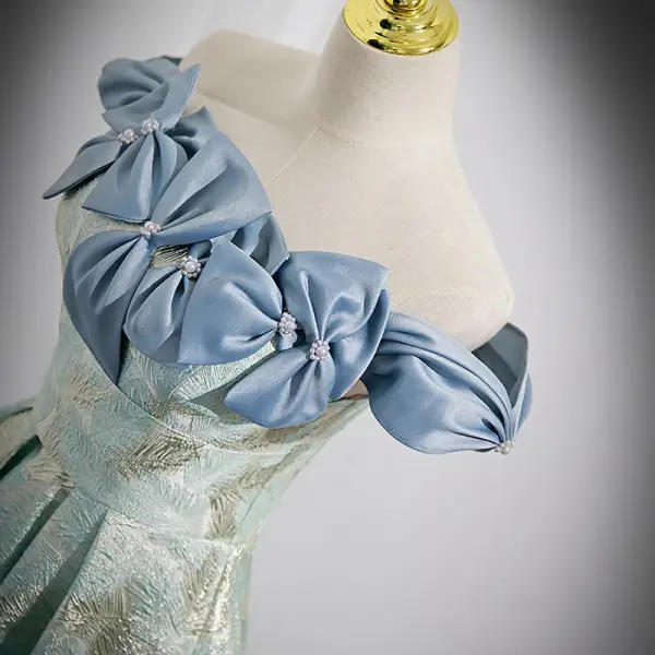 Chic / Beautiful Mint Green Printing Prom Dresses 2022 A-Line / Princess Off-The-Shoulder Pearl Bow Sleeveless Backless Floor-Length / Long Prom Formal Dresses