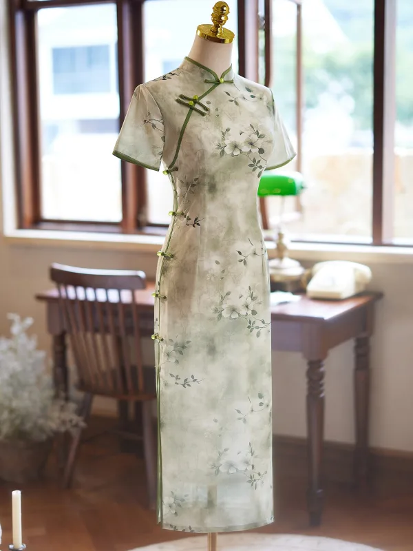 Chinese style Summer Sage Green Printing Floor-Length / Long Cheongsam 2024 Trumpet / Mermaid High Neck Short Sleeve