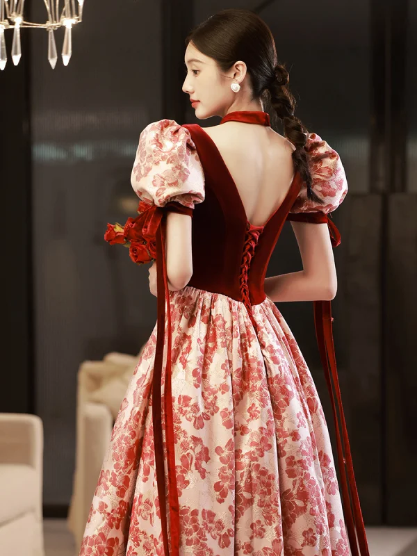 Elegant Burgundy Printing Prom Dresses 2022 A-Line / Princess Square Neckline Puffy Short Sleeve Backless Floor-Length / Long Formal Dresses