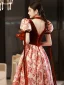 Elegant Burgundy Printing Prom Dresses 2022 A-Line / Princess Square Neckline Puffy Short Sleeve Backless Floor-Length / Long Formal Dresses