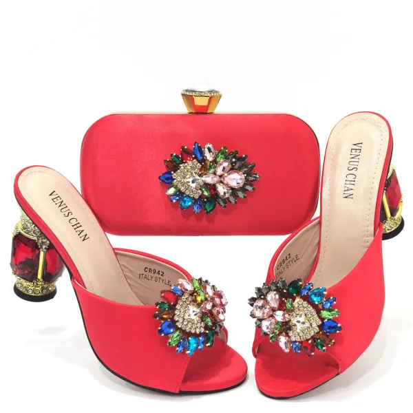 Chic / Beautiful Rhinestone Satin Purple Prom Womens Sandals Clutch Bags 2023 9 cm Open / Peep Toe Crystal Thick Heels Sandals High Heels Clutch Bags