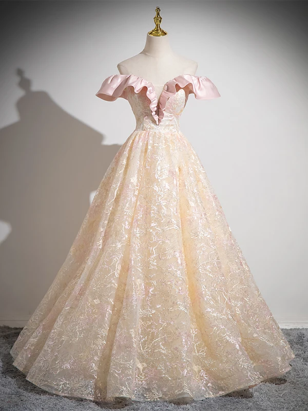 Chic / Beautiful Blushing Pink Sequins Lace Flower Prom Dresses 2024 Ball Gown Off-The-Shoulder Sleeveless Backless Floor-Length / Long Prom Formal Dresses
