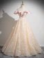 Chic / Beautiful Blushing Pink Sequins Lace Flower Prom Dresses 2024 Ball Gown Off-The-Shoulder Sleeveless Backless Floor-Length / Long Prom Formal Dresses