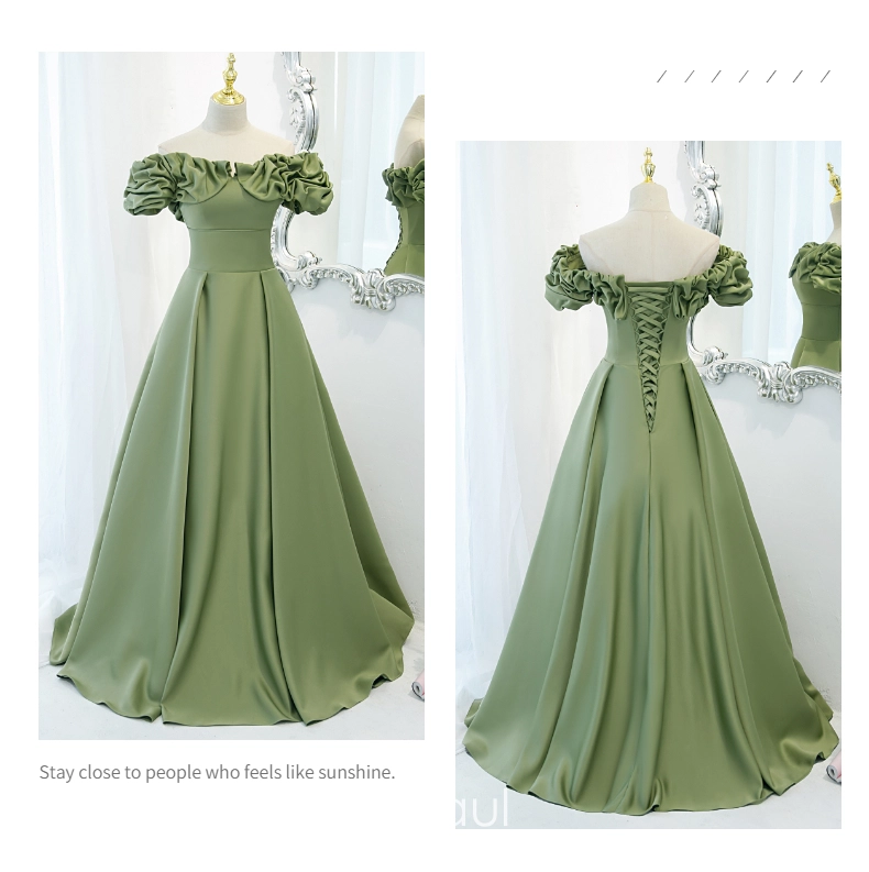 Ruffles Satin Green Off The Shoulder A Line Prom Dress Ruffles Satin Green Off The Shoulder A Line Prom Dress
