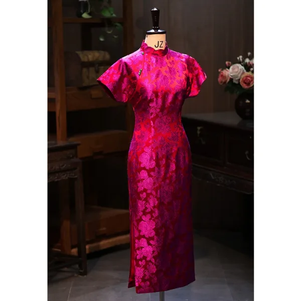 Chinese style Fuchsia Printing Tea-length Silk Evening Party Cheongsam 2026 Trumpet / Mermaid High Neck Short Sleeve