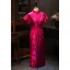 Chinese style Fuchsia Printing Tea-length Silk Evening Party Cheongsam 2026 Trumpet / Mermaid High Neck Short Sleeve