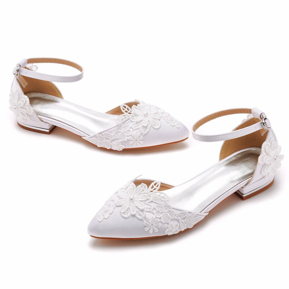 Chic Belle Blanche En Dentelle Fleur Plate Chaussure De Mariee 2023 Bride Cheville A Bout Pointu Mariage Sandales