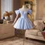 Fashion Sky Blue Pearl Short Homecoming Graduation Dresses 2025 A-Line / Princess Off-The-Shoulder Short Sleeve Backless Formal Dresses