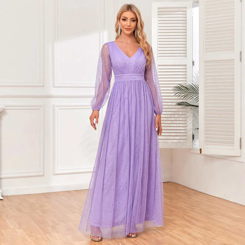 Modest Simple Lavender Prom Dresses 2024 A Line Princess V Neck Long Sleeve Backless Floor Length Long Prom Formal Dresses Modest Simple Lavender Prom Dresses 2024 A Line Princess V Neck Long Sleeve Backless Floor Length Long Prom Formal Dresses