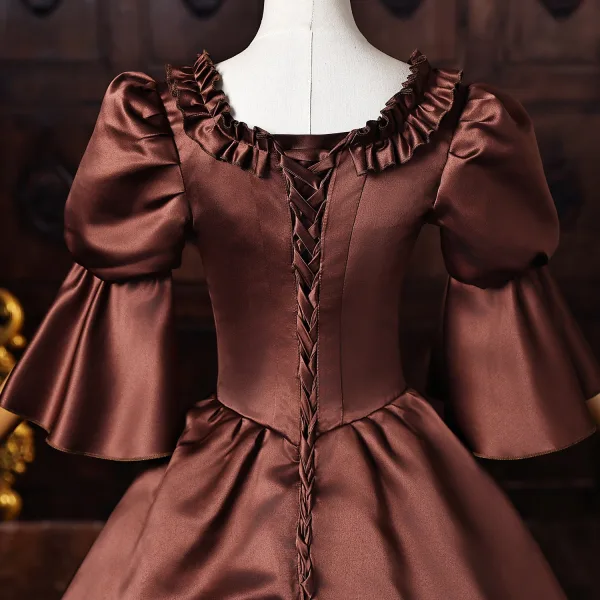 Vintage / Retro Medieval Coffee Appliques Lace Flower Ruffle Prom Dresses 2026 Ball Gown Square Neckline Short Sleeve Backless Floor-Length / Long Formal Dresses