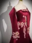 Chinese style Burgundy Beading Sequins Embroidered Satin Prom Dresses 2024 Ball Gown Strapless Removable sleeves Backless Floor-Length / Long Prom Formal Dresses