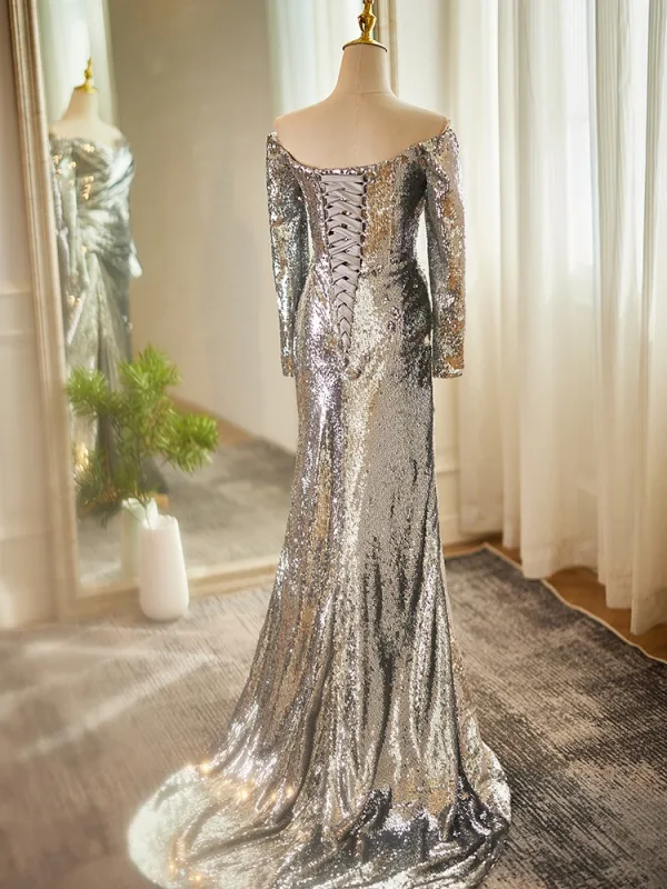 Glitzernden Silber Pailletten Gespaltete Front Ballkleider 2024 Meerjungfrau Off Shoulder Lange Ärmel Rückenfreies Sweep / Pinsel Zug Ball Festliche Kleider