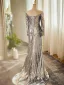 Glitzernden Silber Pailletten Gespaltete Front Ballkleider 2024 Meerjungfrau Off Shoulder Lange Ärmel Rückenfreies Sweep / Pinsel Zug Ball Festliche Kleider