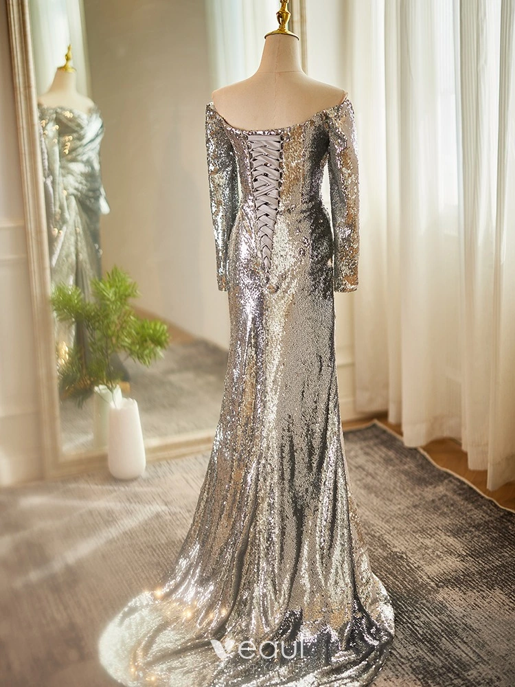 knee length dresses for ladies Long Mermaid Off the Shoulder Velvet Evening Prom Dress with Sleeves –  27dress main image 1
